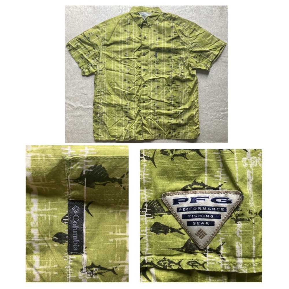 Columbia PFG Mens Large Green Fish Print Short Sleeve Fishing Shirt FM7774